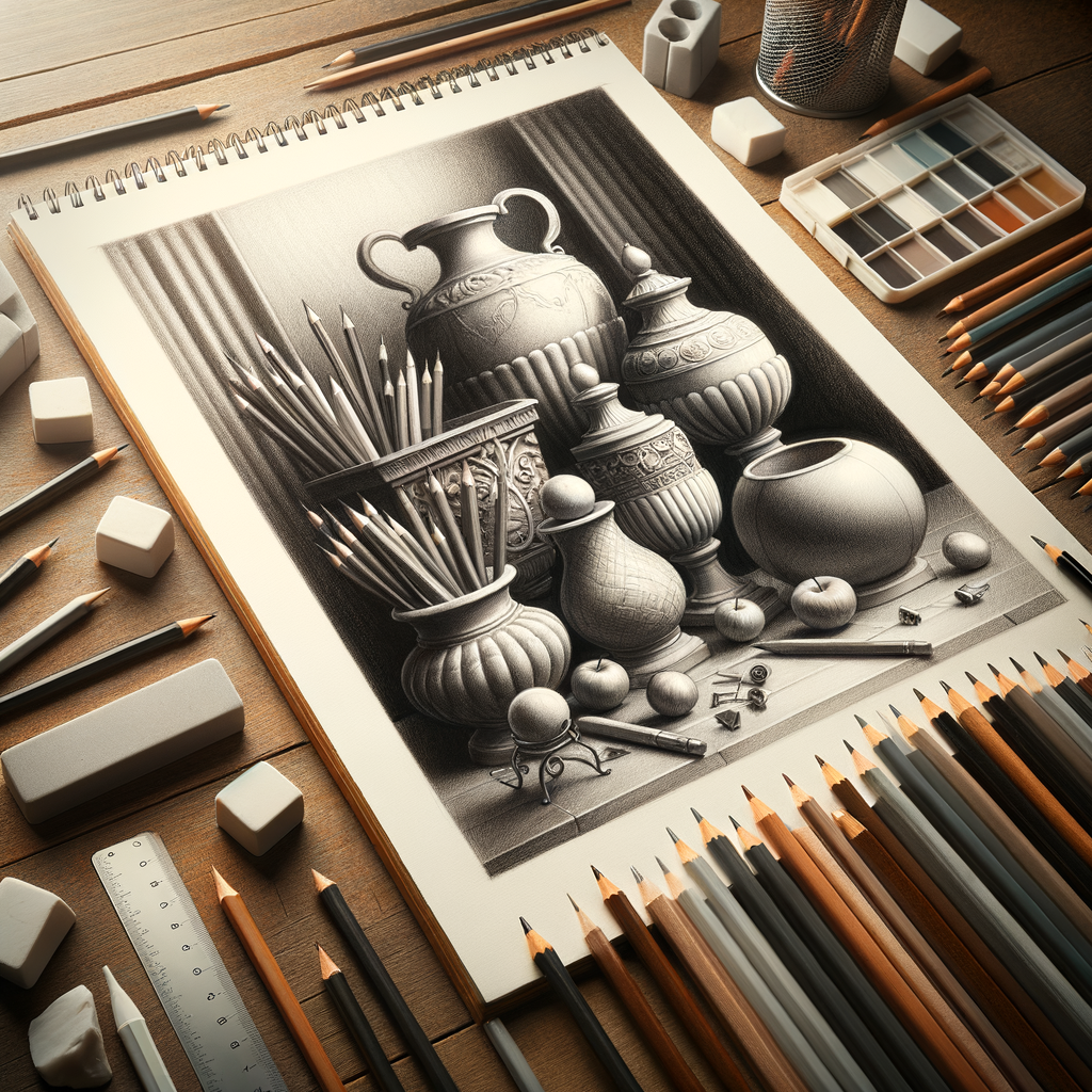 Professional artist's workspace with sketchpad showcasing light and shadow drawing techniques, art tools for an ongoing tutorial on understanding light in art for artists.