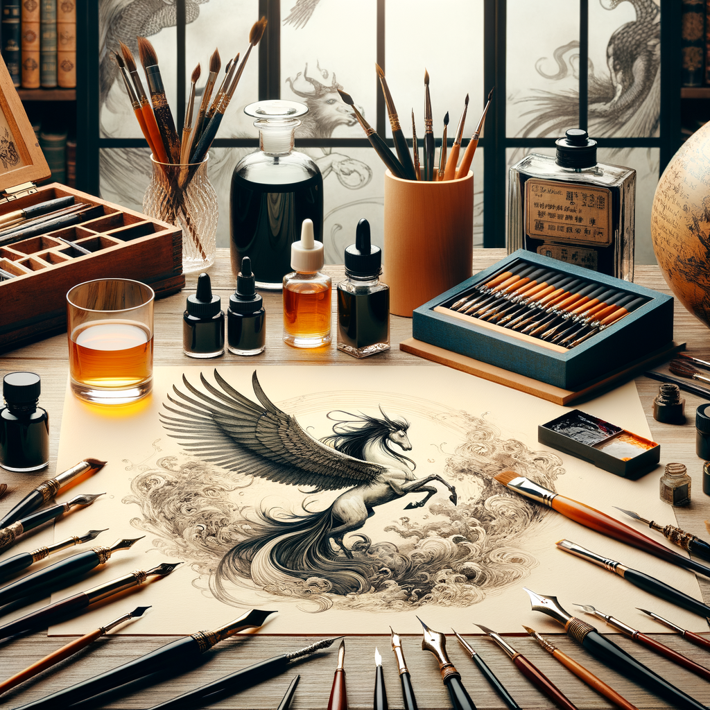 Artist's workspace with an open ink drawing guide, illustrating the process of mastering ink drawing techniques for artists, featuring various ink art tools and a partially completed artistic ink drawing.