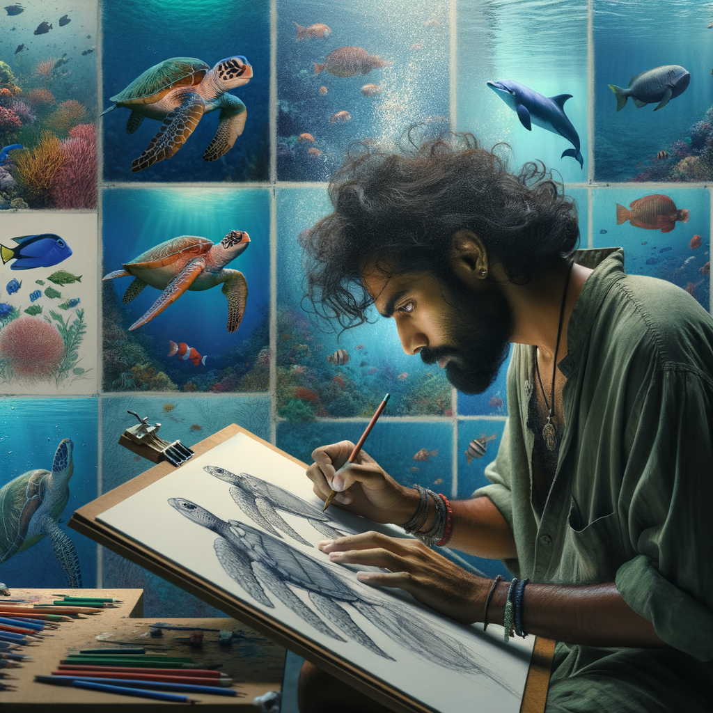 Artist engaged in underwater sketching, exploring marine life and drawing vibrant scenes of turtles, dolphins, and exotic fish, showcasing marine life art and the beauty of ocean sketching.