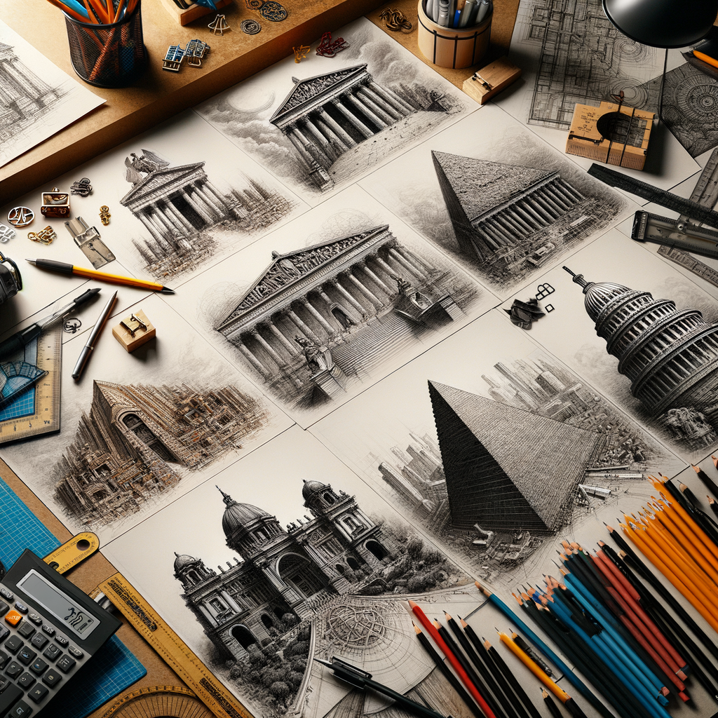 Artist's desk with sketching tools and detailed drawings of the Seven Wonders of the World, illustrating architectural wonders using various sketching techniques for architecture, showcasing artistic representation of ancient and modern structures.