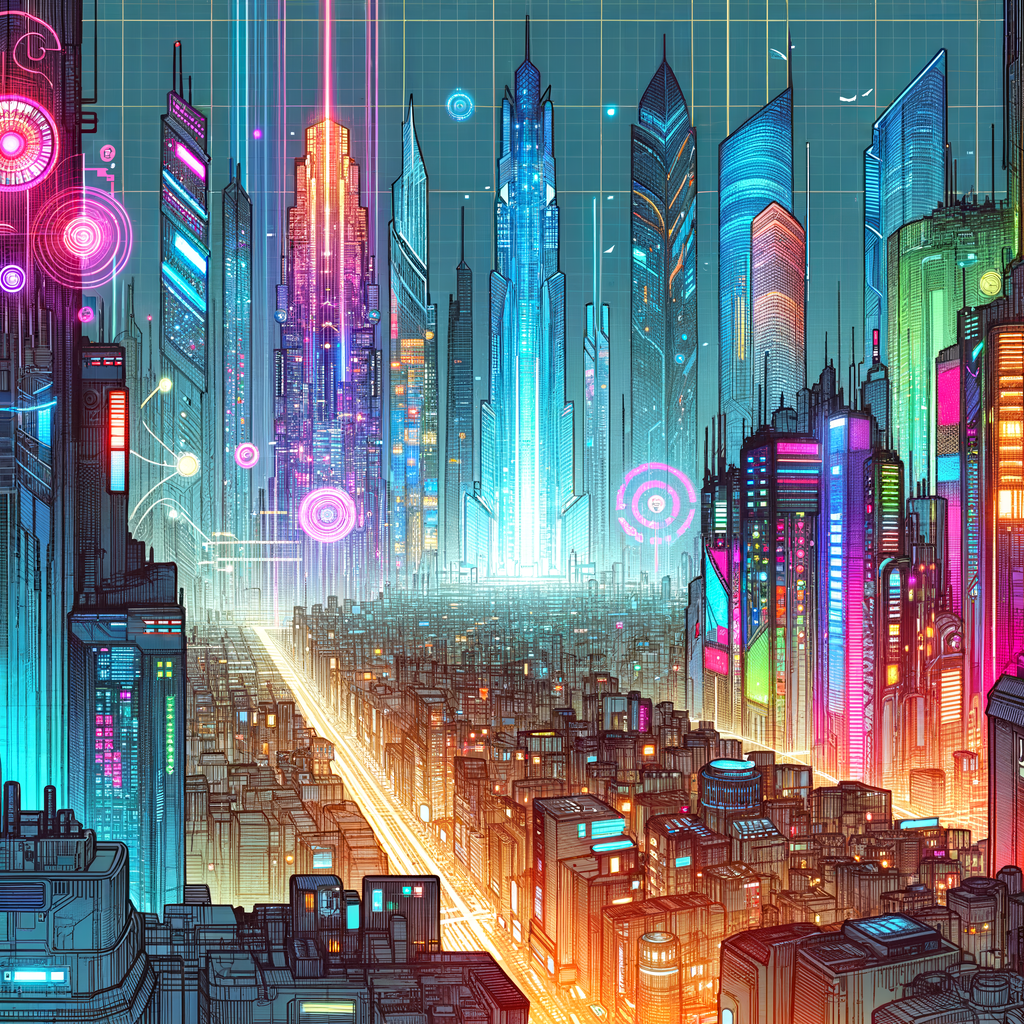 Cyberpunk cityscape sketching of a bustling night scene in a futuristic megacity, showcasing advanced technology, neon lights, and towering skyscrapers, highlighting the art of cyberpunk cities and techniques for sketching futuristic landscapes.