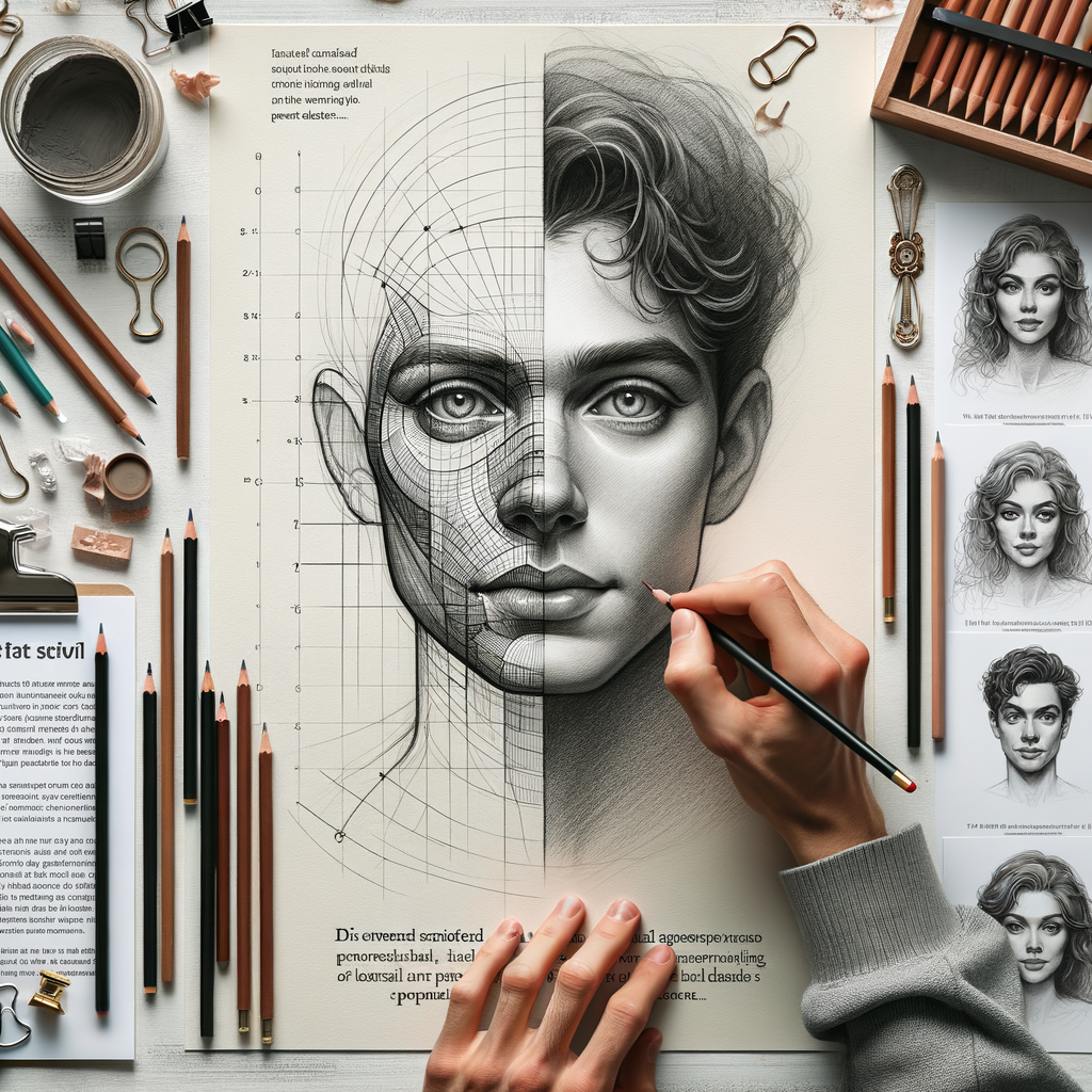 Professional artist's workspace demonstrating drawing techniques for portraits, sketching people, and providing artistic tips for drawing human faces with a realistic pencil drawing in progress and a guide to drawing portraits.
