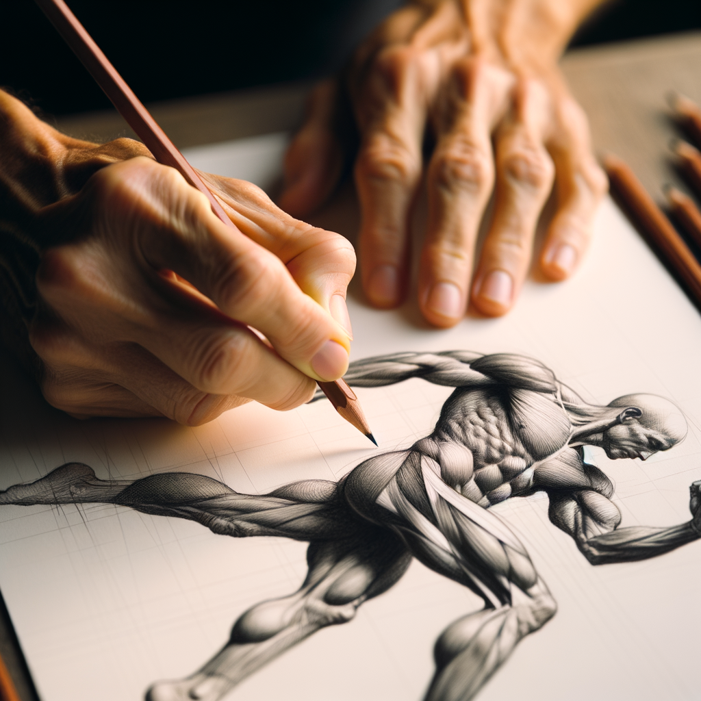 Artist's hand drawing human figures using sketching techniques, capturing movement and gesture in a human anatomy sketch, showcasing the art of sketching movement and the human form in art.