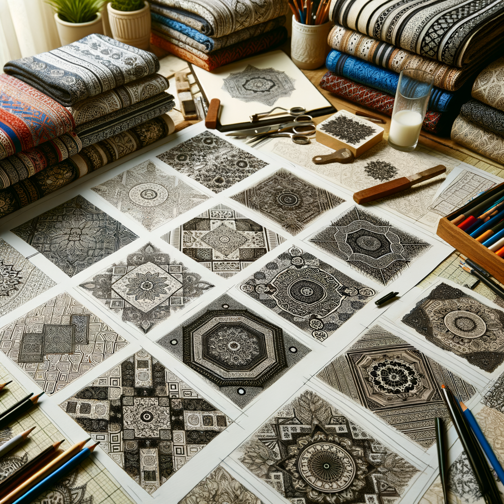 Professional artist sketching textiles, illustrating intricate fabric drawing and pattern design techniques, capturing textile patterns and textures in detailed textile art sketches.
