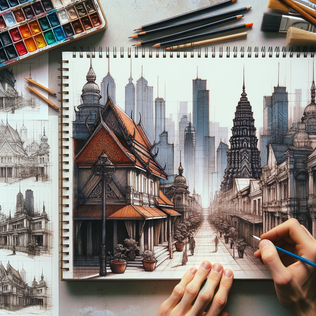 Beginner artist using urban sketching techniques to draw cityscapes in a city setting, with a focus on an architectural sketch in sketchbook, cityscape drawing tutorial, and urban sketching materials for beginners.