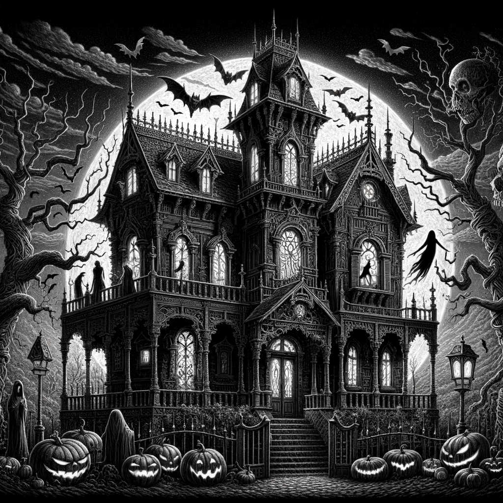Spooky Halloween art featuring a detailed haunted house sketch, an ideal Halloween drawing idea for those interested in creating spooky scenes and haunted house art.
