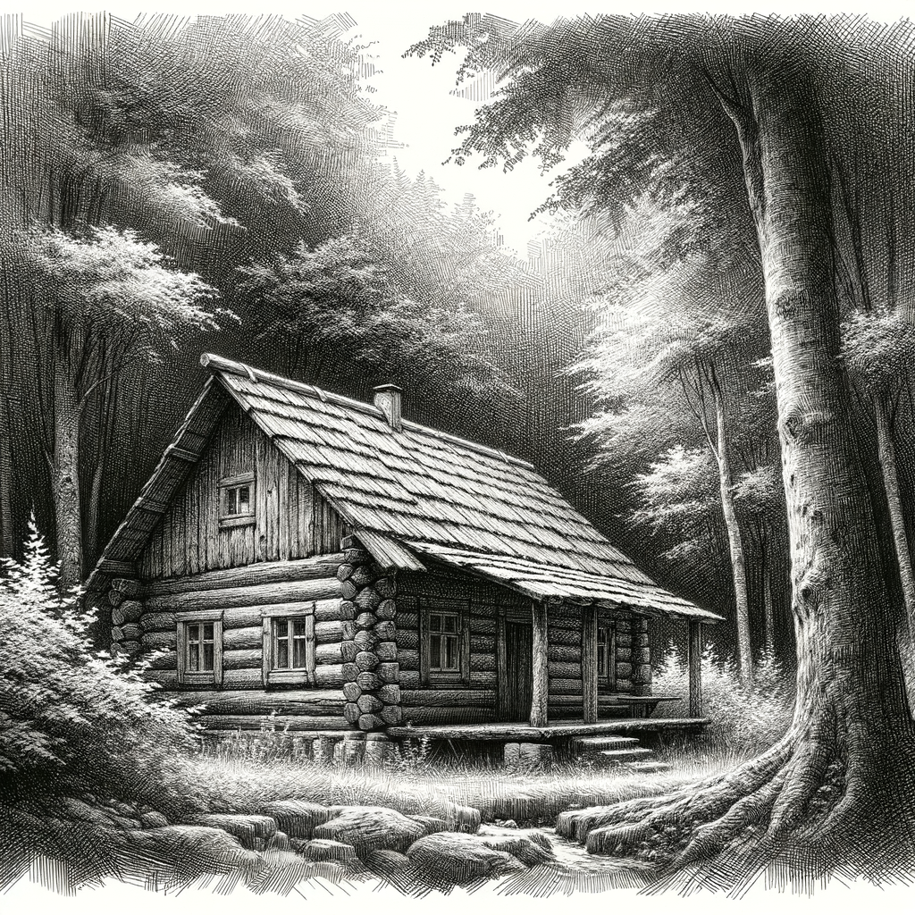 Black and white sketch of a rustic cabin in a forest, demonstrating texture sketching techniques and dimensional sketching for adding dimension to artwork, highlighting the use of texture in art and providing artwork sketching tips.