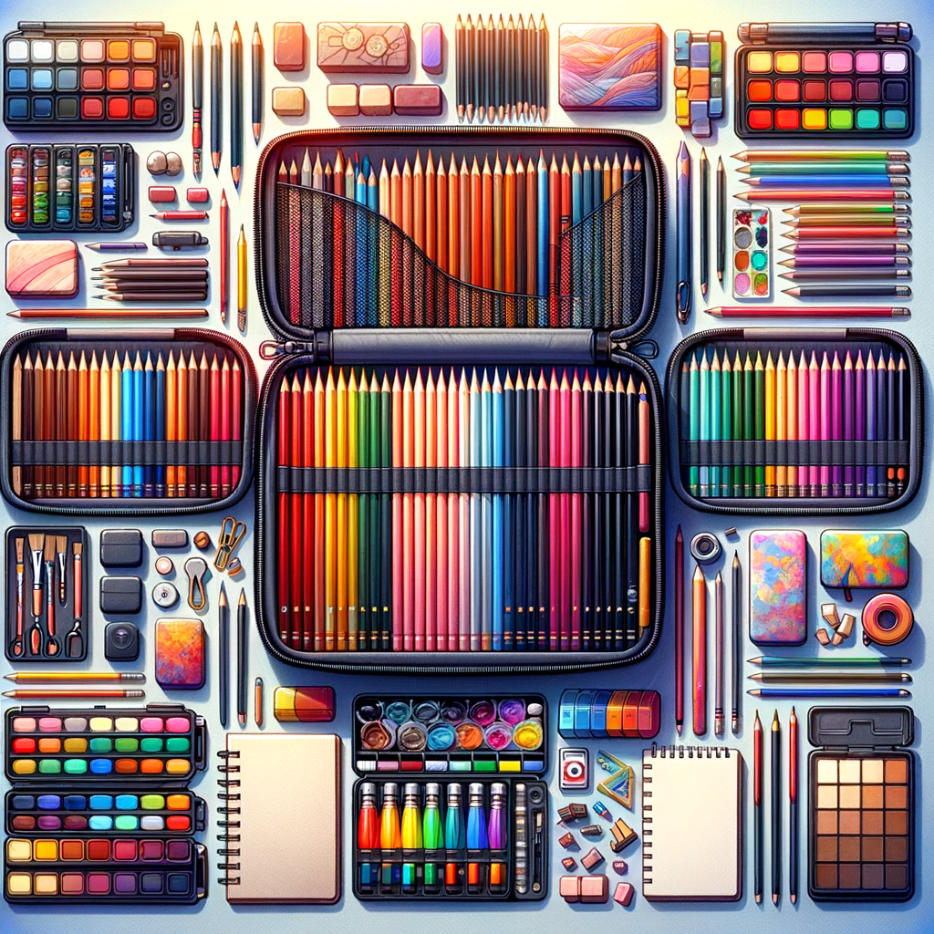Travel-friendly sketching tools and compact art supplies for travel, including portable sketching equipment like pencils, erasers, and watercolors, neatly arranged in a travel art kit for sketching while traveling.