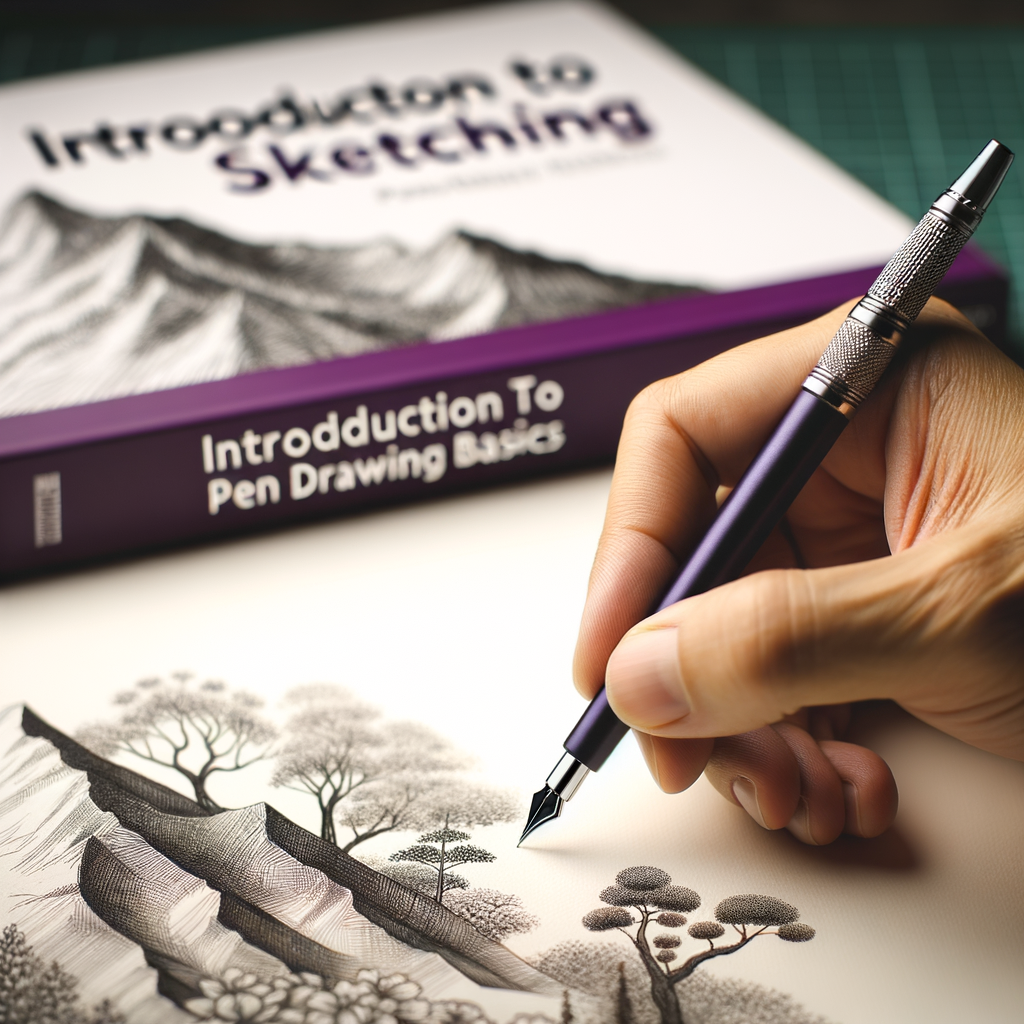 Professional artist demonstrating pen sketching techniques on a blank canvas, with 'Introduction to Sketching: Pen Drawing Basics' guidebook and sketching tips in the background, illustrating the power of pen art and basics of pen sketching for beginners.