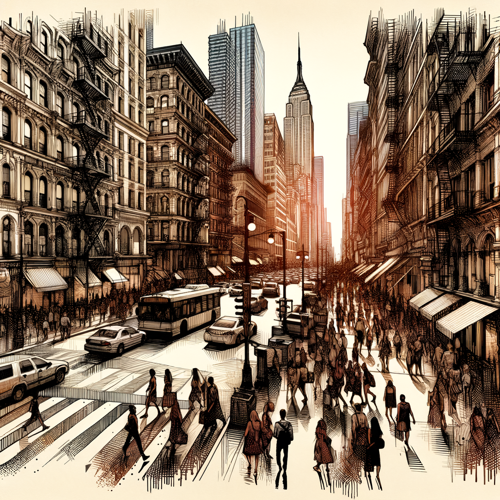 Artistic representation of urban life through dynamic street scene drawing, showcasing various urban sketching techniques and capturing the essence of city scenes in street life art.