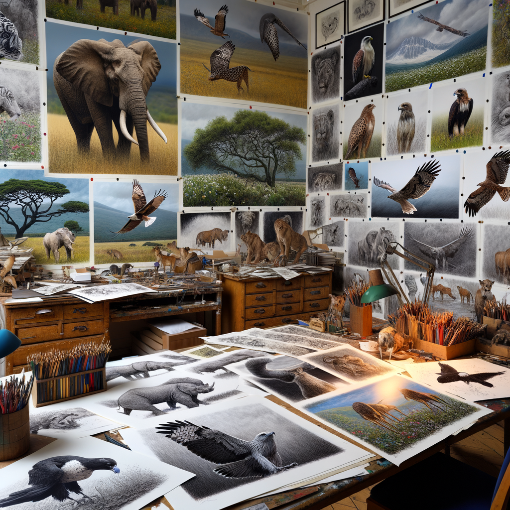 Professional artist's workspace with intricate wildlife sketches and drawings, demonstrating wildlife art and drawing techniques for depicting animals in their natural habitats for a wildlife habitat art article.