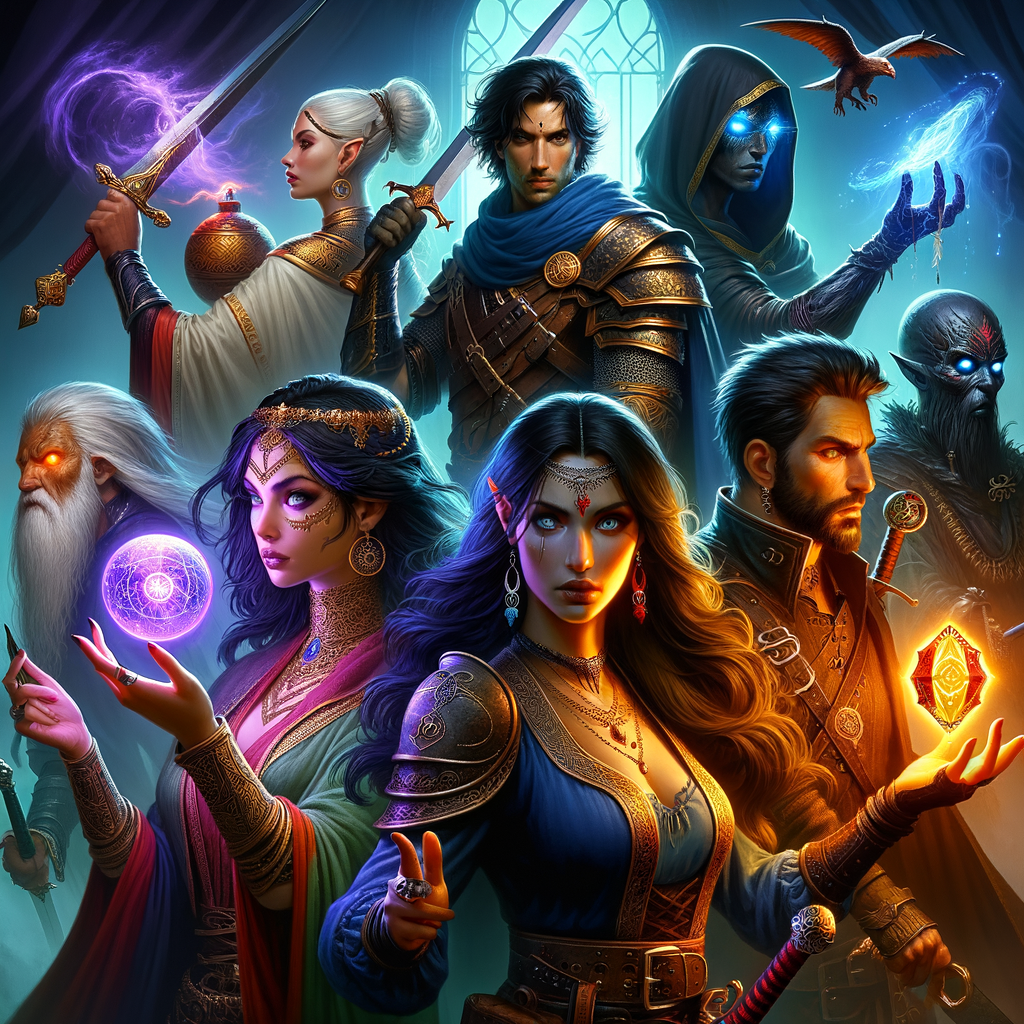 Fantasy character creation scene depicting diverse heroes and villains in confrontation, demonstrating mastery in character development and the art of creating fantasy characters, highlighting various fantasy character archetypes.