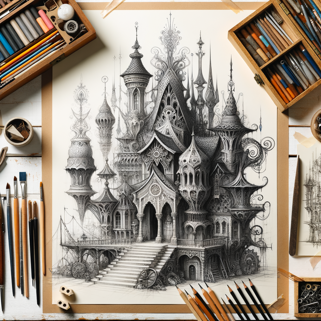 Professional artist's workspace with detailed fantasy architecture design sketch, showcasing techniques for drawing imaginary structures and the art of designing fantasy buildings.