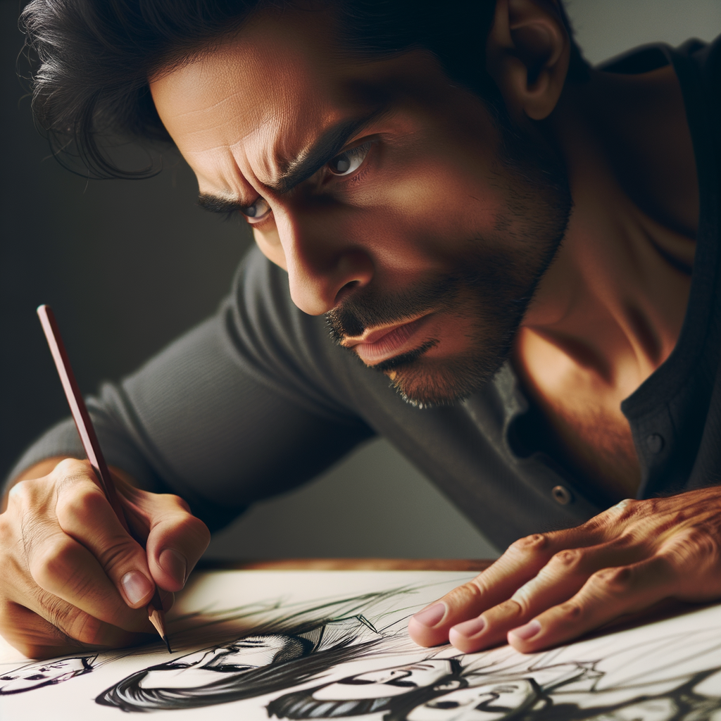 Professional artist using character design techniques for emotional character sketching, portraying emotions in art and sketching souls, demonstrating the art of sketching emotions in emotion-driven character design.