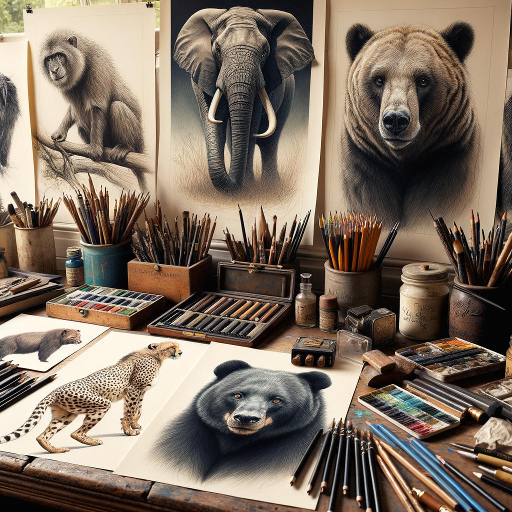 Artist's workspace with wildlife sketches, showcasing animal kingdom art and techniques for sketching diverse animals, capturing the essence of wildlife illustration.