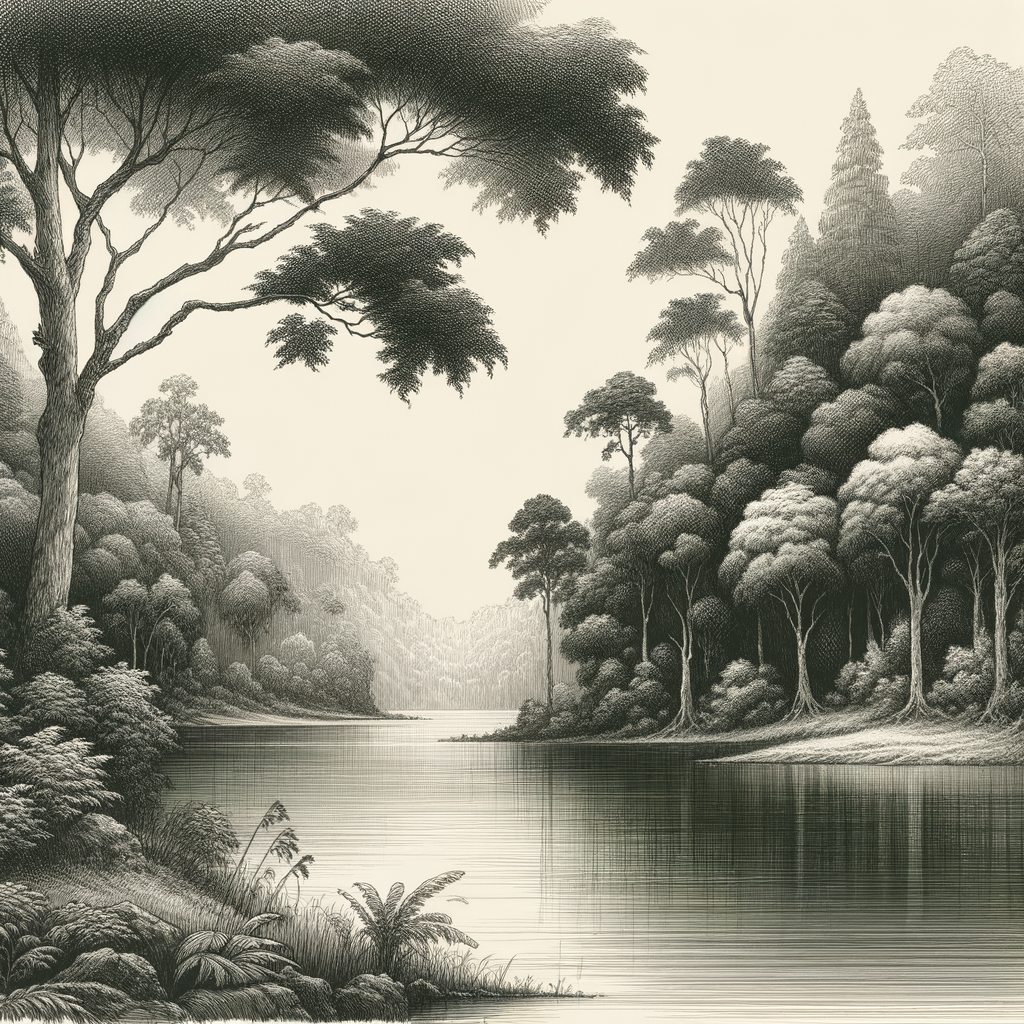 Sketching nature art depicting stillness in art, a tranquil scene of a calm lake surrounded by lush trees under a peaceful sky, perfectly capturing tranquility in nature sketches.
