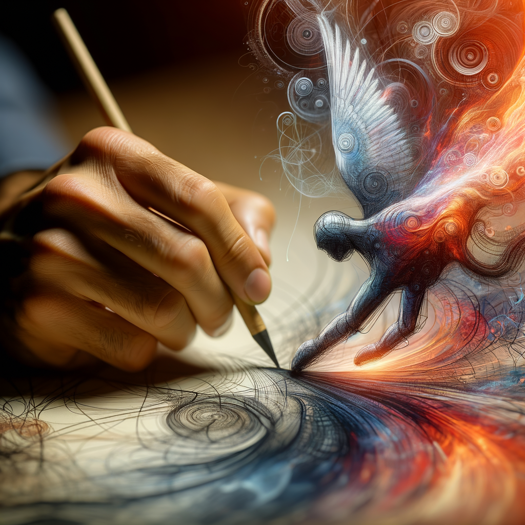 Artist skillfully sketching unseen ideas using abstract art techniques, embodying visual interpretation and artistic visualization of complex concepts in art.