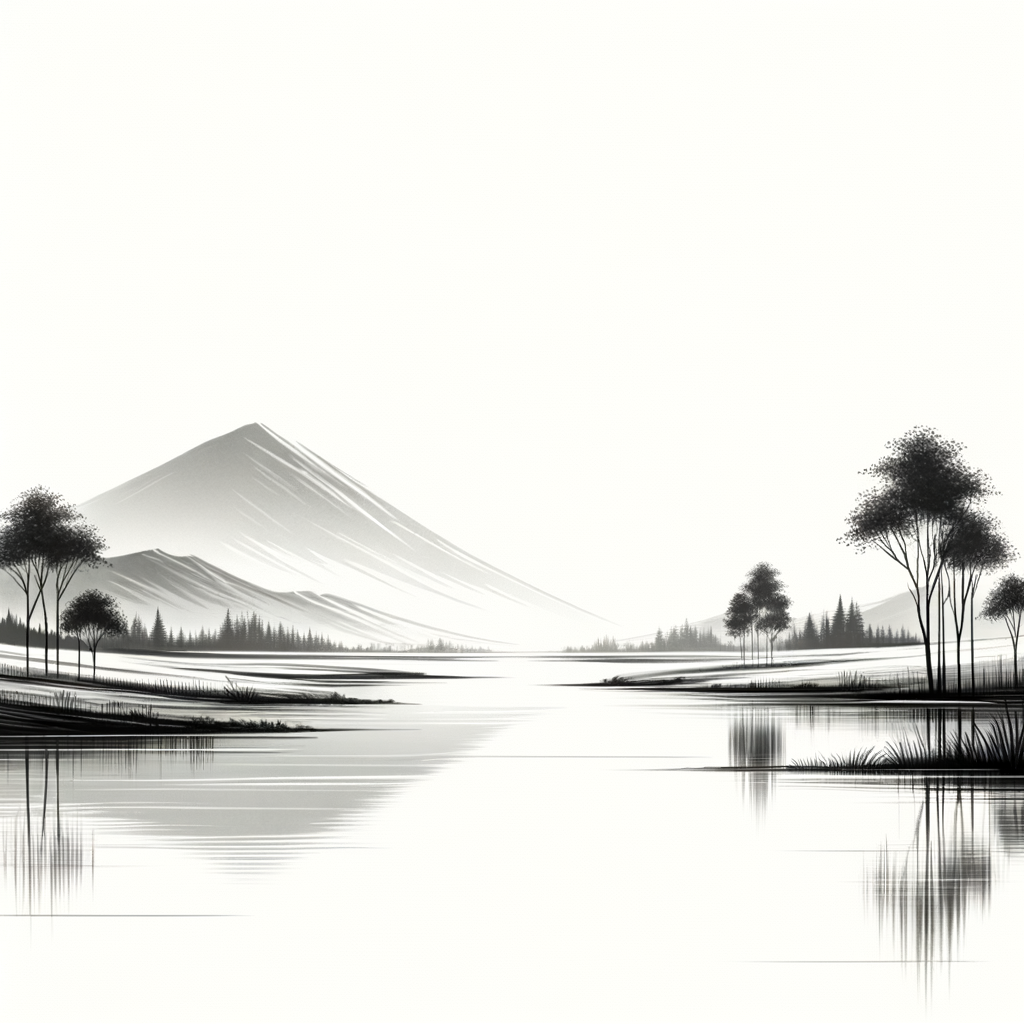 Minimalist sketching of a serene landscape, showcasing silence in art and providing minimalist drawing ideas for finding serenity through artistic minimalism.