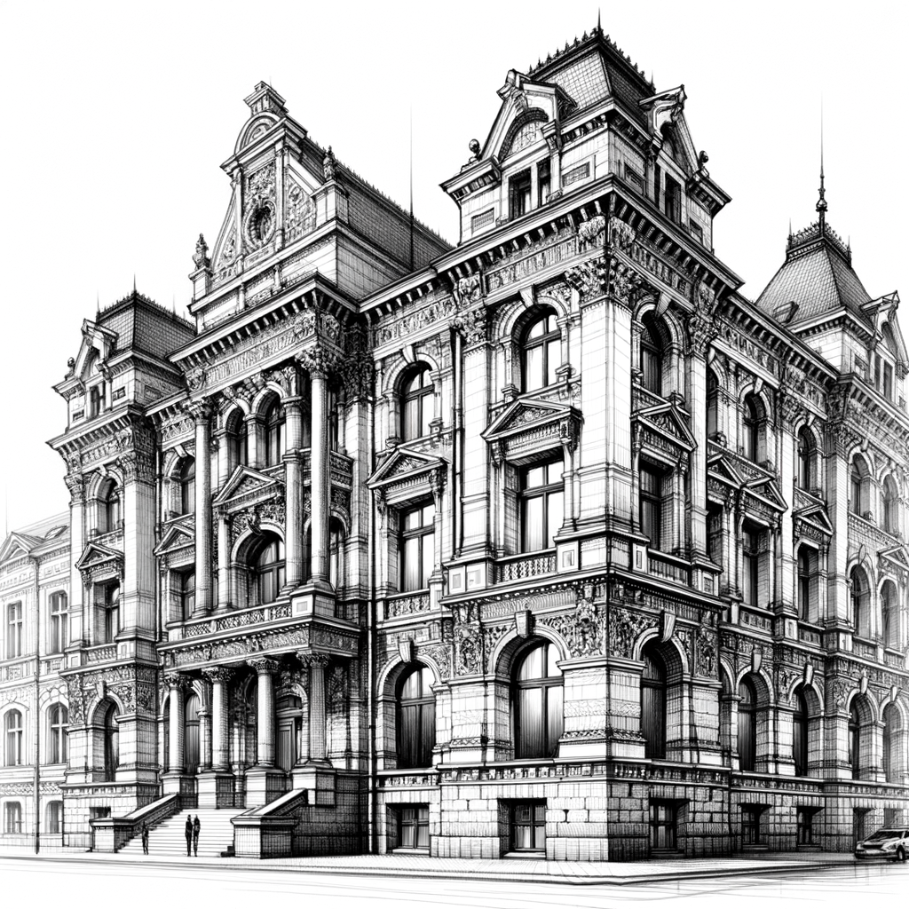 Mastering architectural sketching techniques through a detailed black and white sketch of a historic building, perfect for an architecture drawing tutorial and showcasing detailed building drawings.