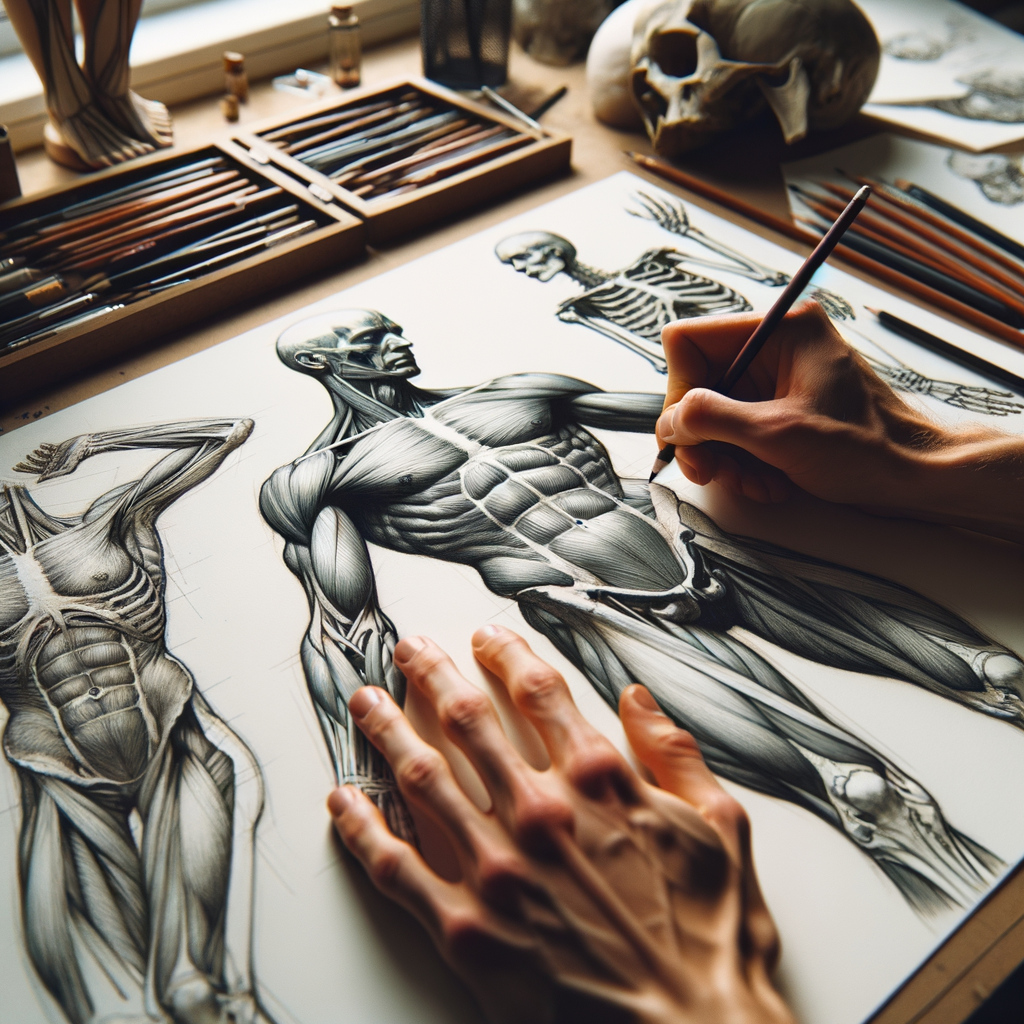 Professional artist sketching detailed human anatomy with precision, demonstrating anatomy drawing techniques and precision drawing skills for capturing the human form in art.