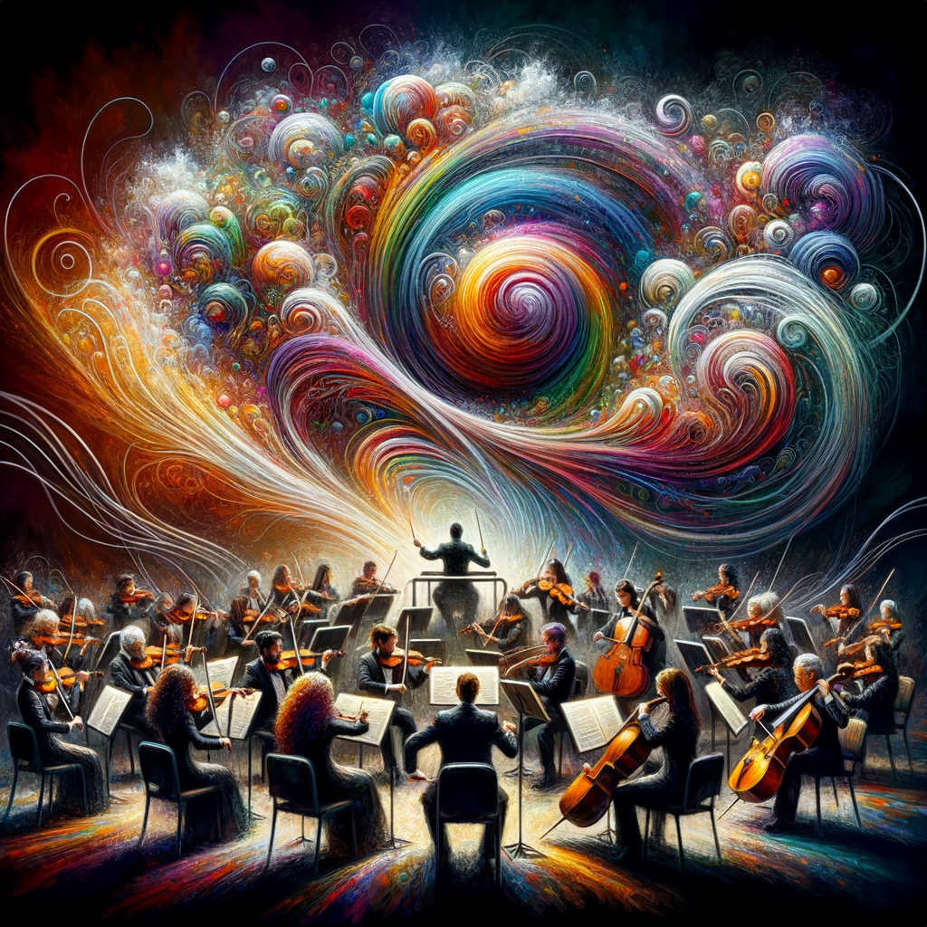 Vibrant symphony artwork showcasing the concept of visualizing music and sound, an artistic interpretation of music and sketching symphonies, representing music visualization in art and music-inspired art.