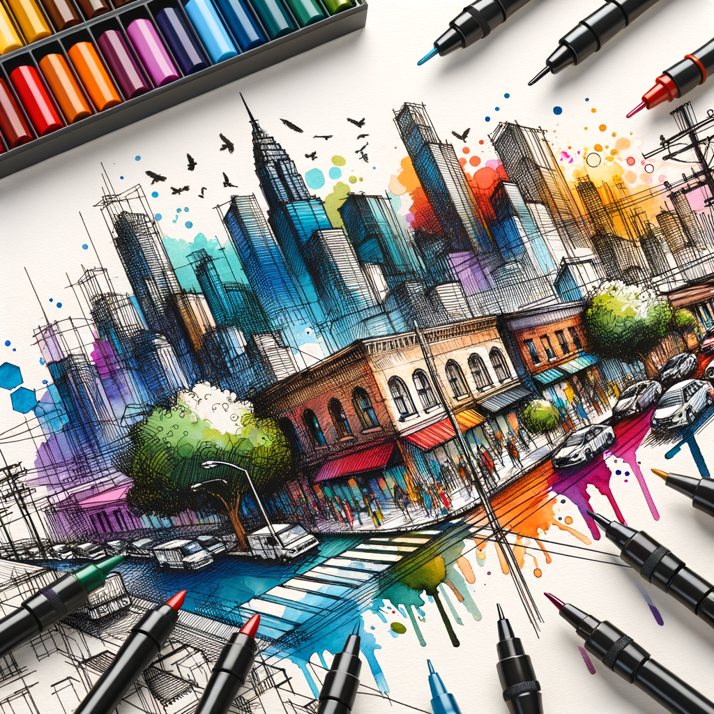 Urban sketching techniques showcased in a vibrant, detailed cityscape drawing using ink and color art, highlighting artistic city views in a colorful cityscape for a unique interpretation of drawing urban scenes.