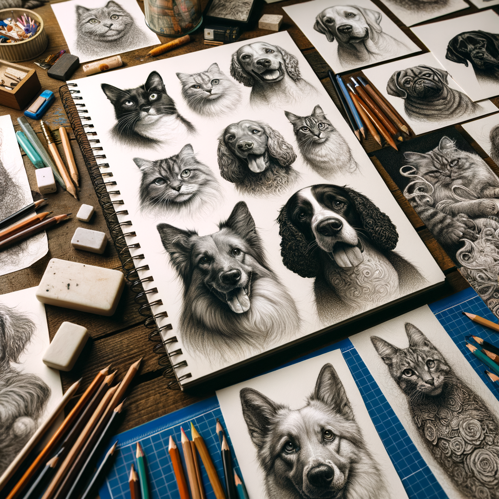 Professional artist's workspace with a precision sketch of various pets, demonstrating mastery in pet portraits and advanced pet sketching techniques for drawing furry friends.