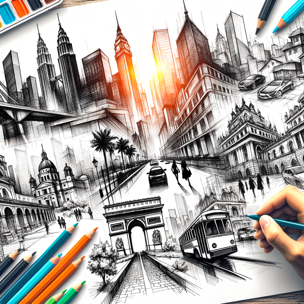 Urban art sketches collection featuring world cityscapes art, sketching adventures, and a cityscape drawing tutorial demonstrating urban sketching techniques for drawing urban landscapes and sketching urban scenes.