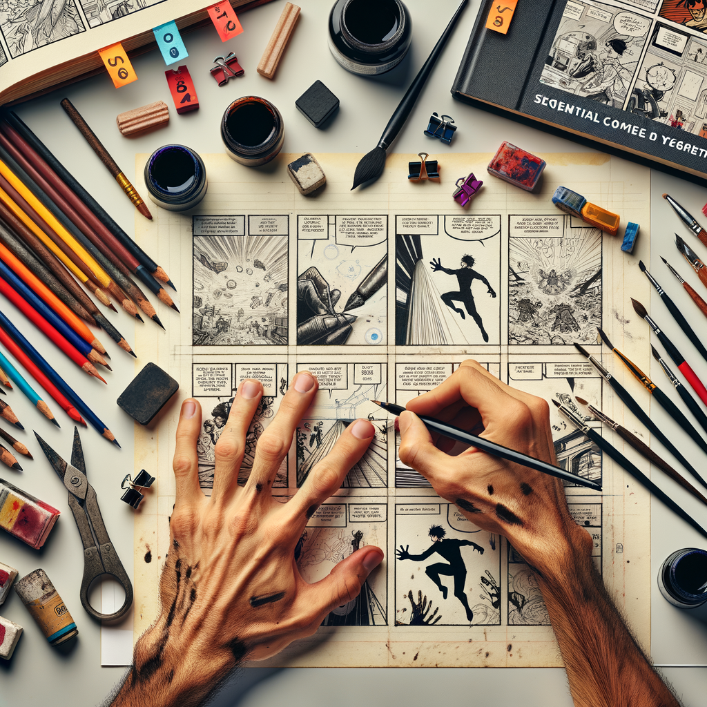 Beginner artist sketching a comic strip on a drafting table, surrounded by a sequential art guide and comic book creation tools, illustrating a crafting comics tutorial for beginners and highlighting comic book art techniques.