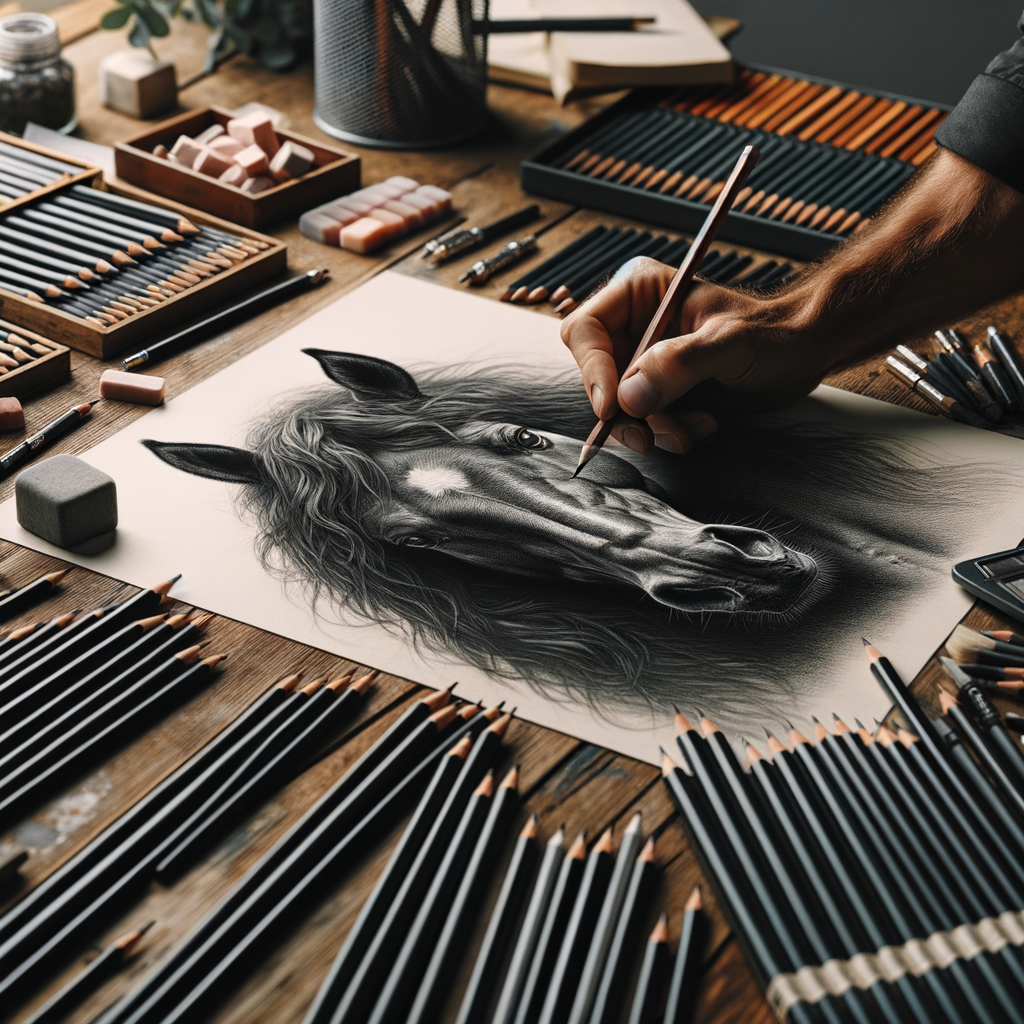 Professional artist's workspace with a realistic pencil drawing in progress, demonstrating mastery of realism drawing techniques and lifelike detail in art, surrounded by various drawing tools for achieving realism in drawings.