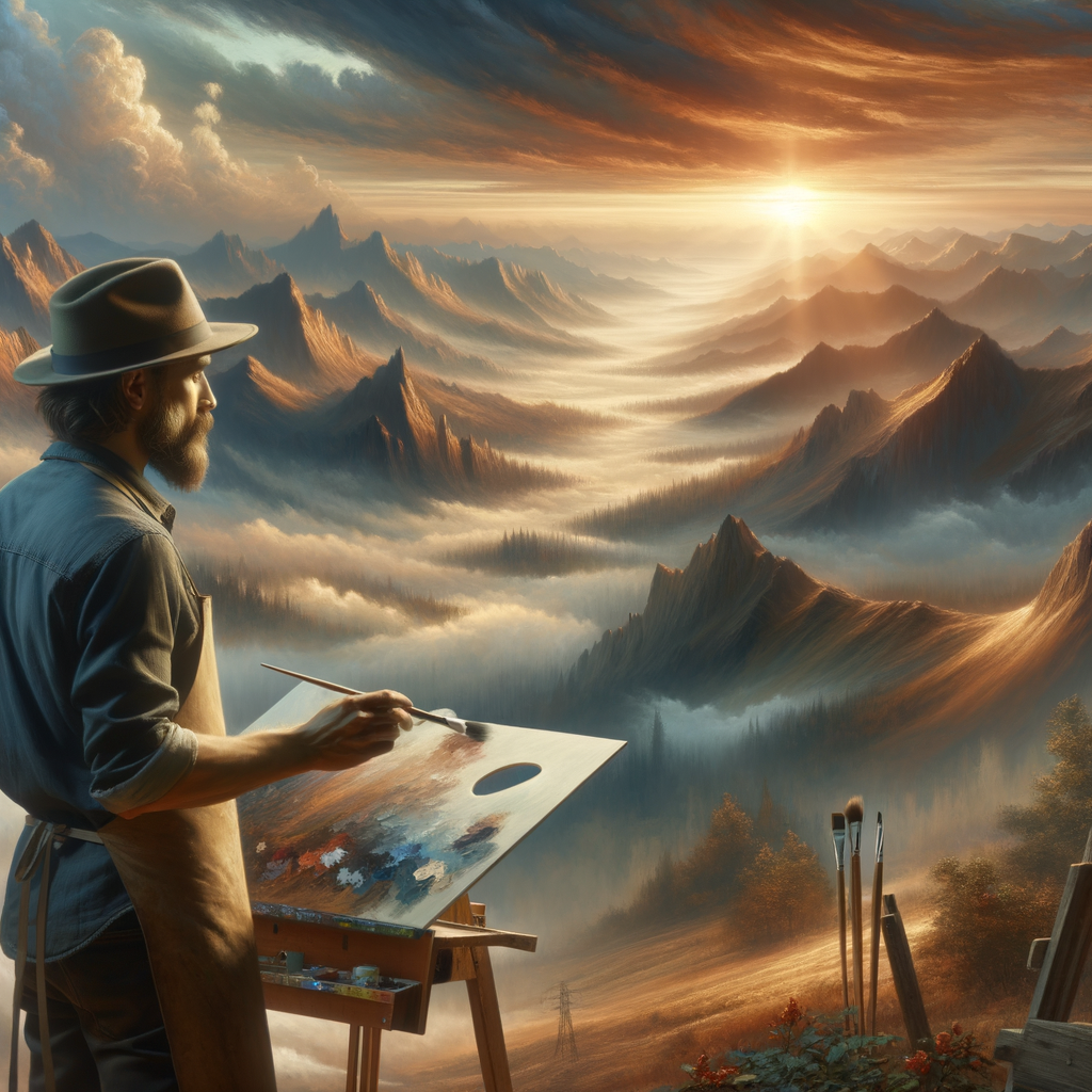 Professional artist mastering atmospheric perspective techniques for creating depth in a stunning landscape painting, demonstrating depth perception and atmospheric depth in artwork.