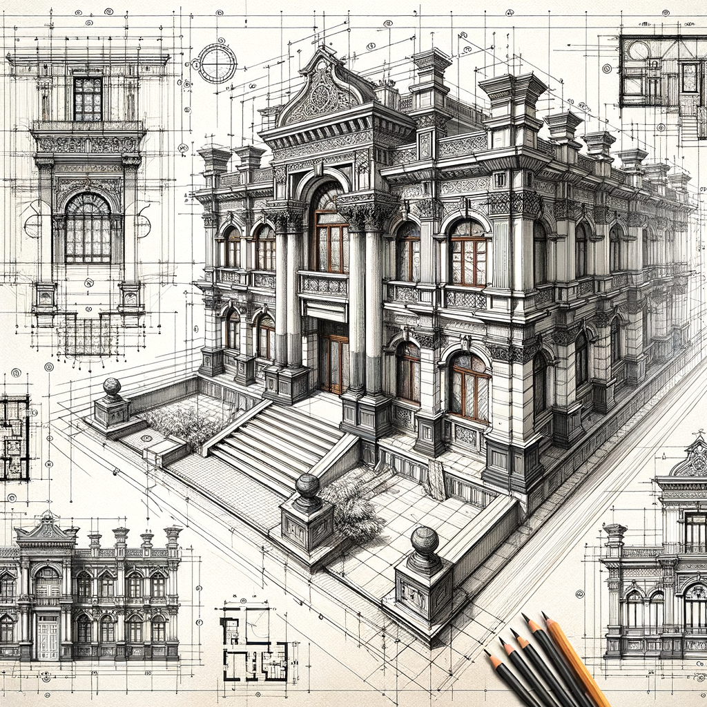 Detailed hand-drawn architectural sketch with columns, cornices, and window frames, illustrating essential techniques for beginners learning architectural drawing.