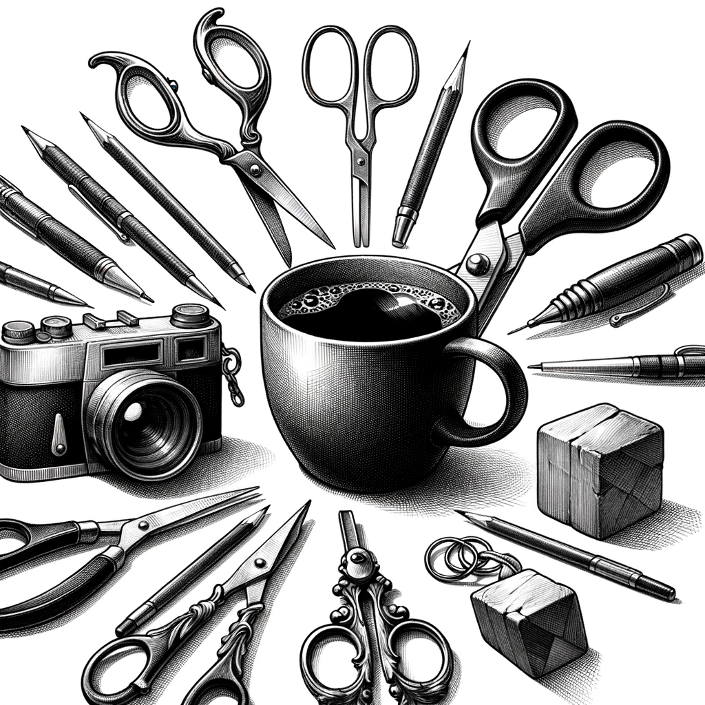 Drawing everyday household items like a coffee mug, scissors, and keys, turning mundane objects into art.