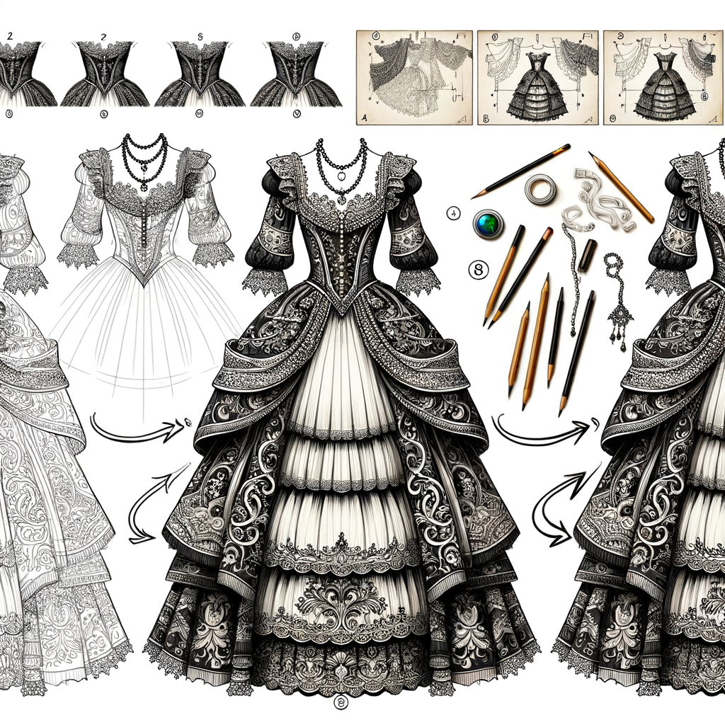 Vintage fashion illustration of a 1950s-inspired dress with intricate patterns and accessories, highlighting step-by-step drawing techniques.