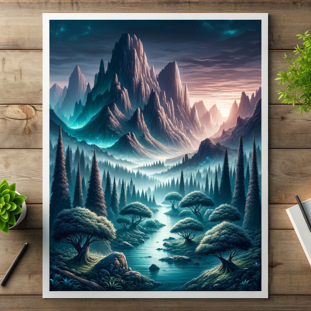 Fantasy landscape illustration with mystical mountains, enchanted forests, and a serene river under twilight, showcasing expert digital fantasy art techniques.
