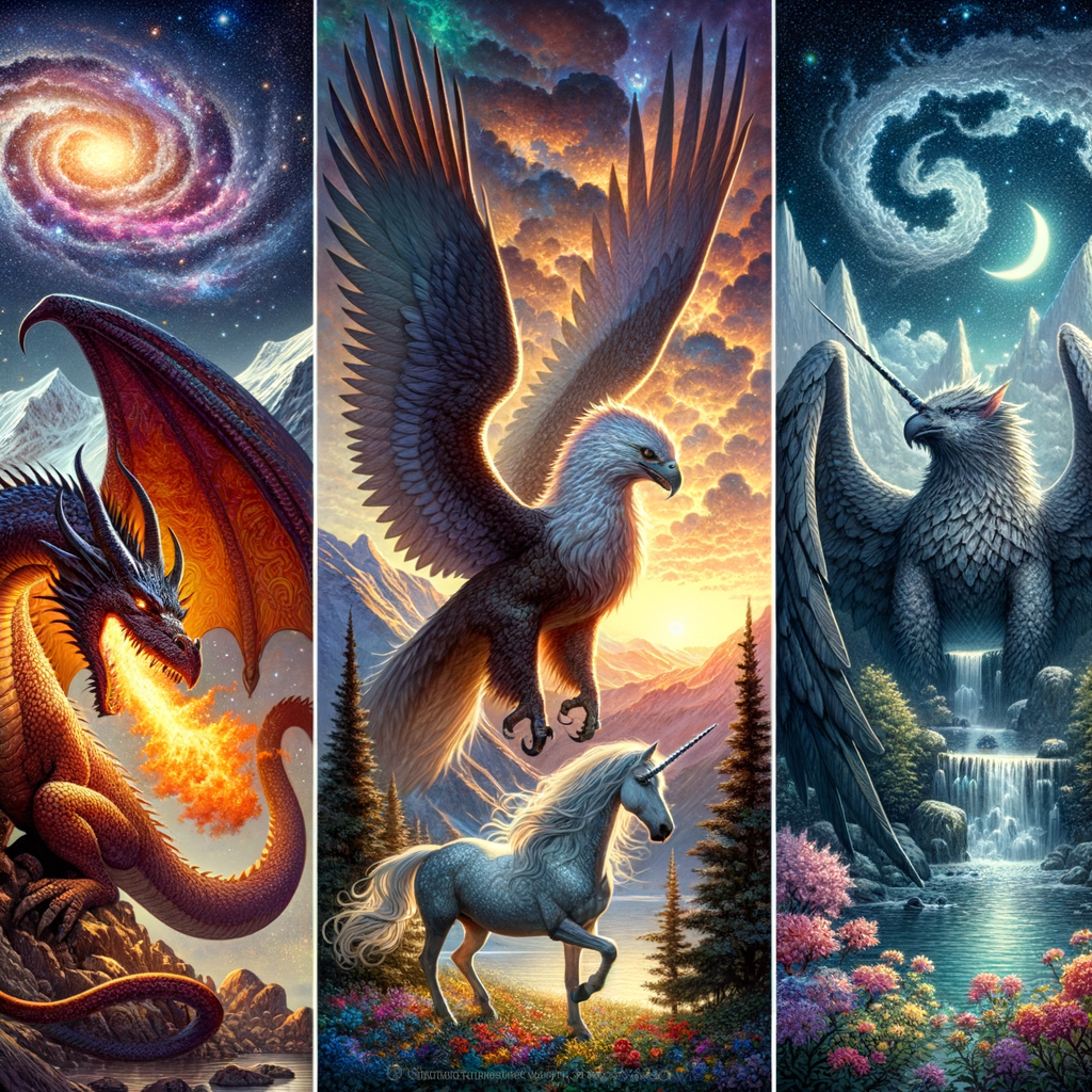 Illustration of mythical beasts like a dragon, griffin, and unicorn, showcasing various art techniques for drawing fantasy creatures.