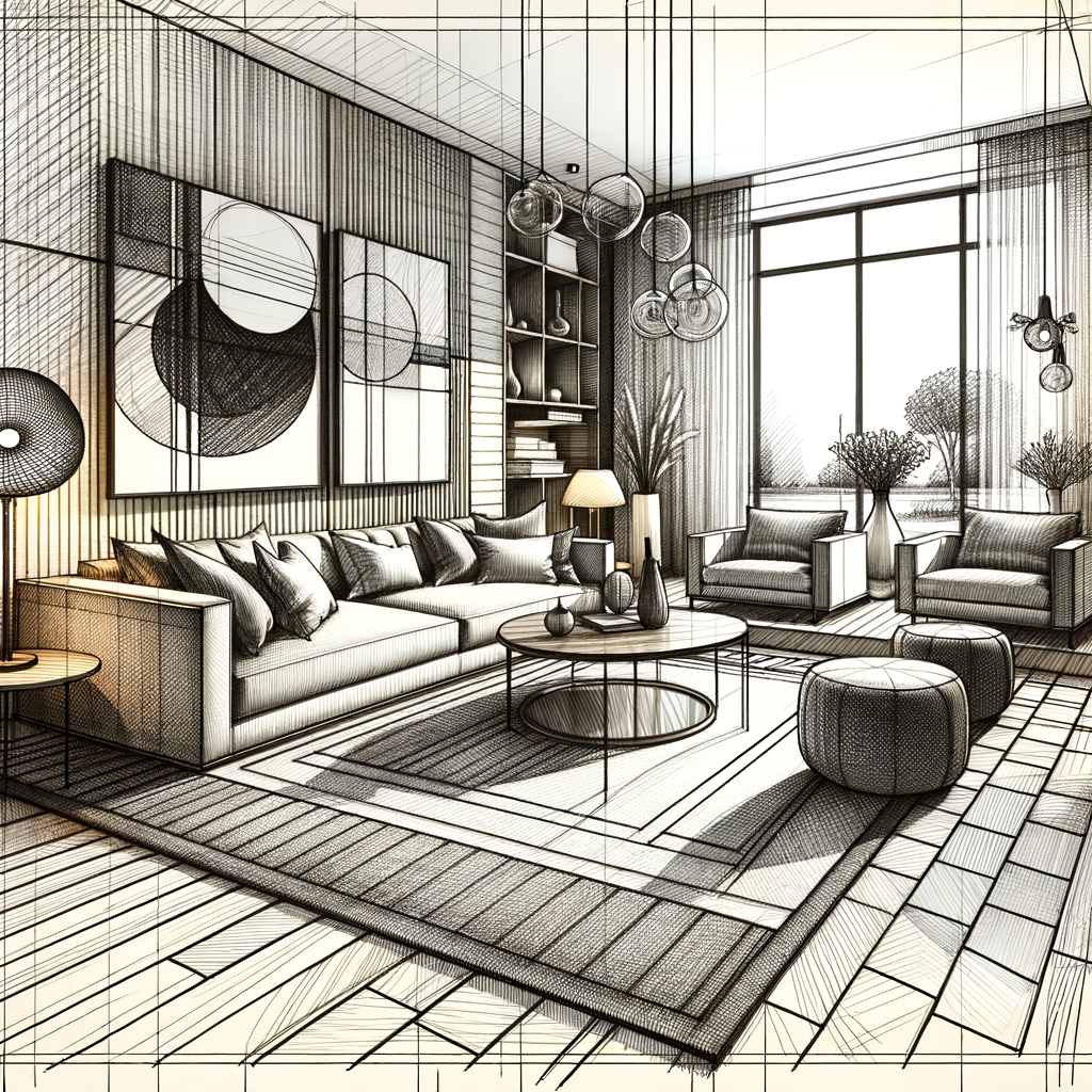 Detailed sketch of a modern living room interior, exemplifying mastering perspective drawing and interior design sketching techniques.