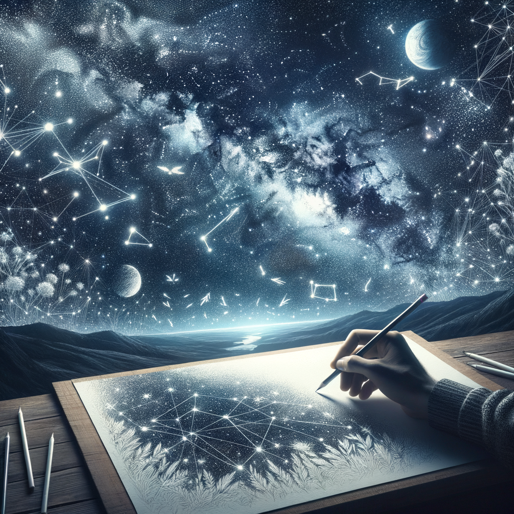 Detailed sketch of the night sky with constellations, stars, and planets, illustrating tips on sketching the night sky and celestial art techniques.
