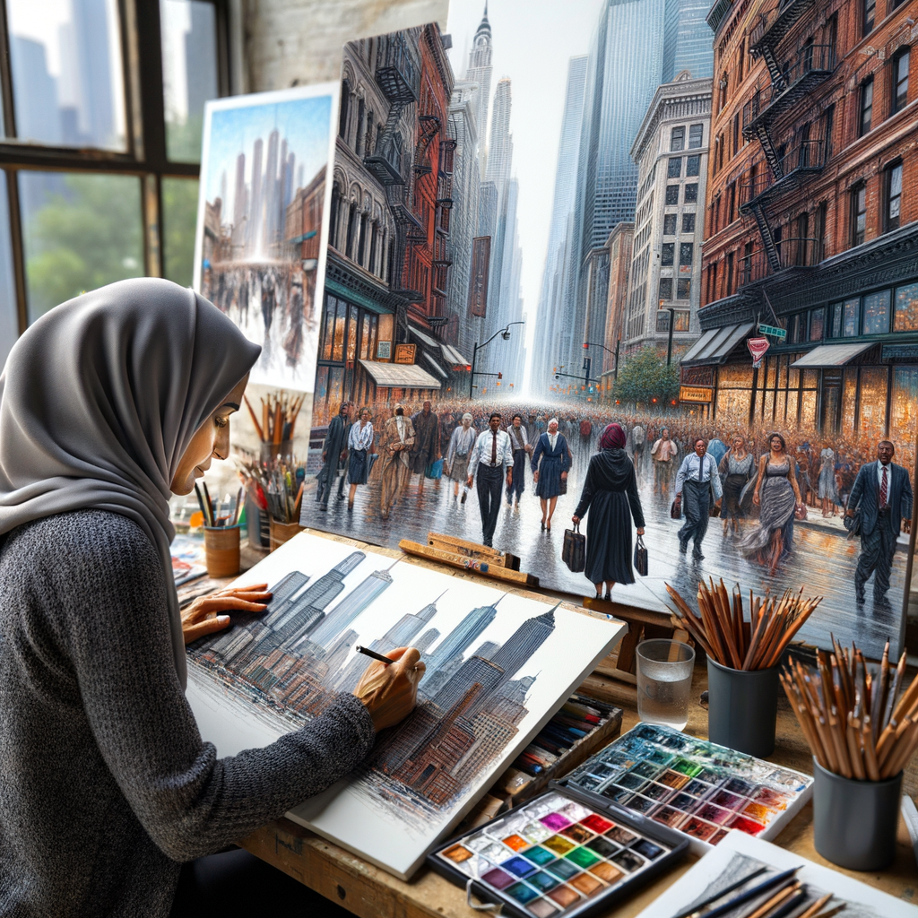Professional artist demonstrating advanced urban sketching techniques on a bustling city street, surrounded by urban sketching supplies.