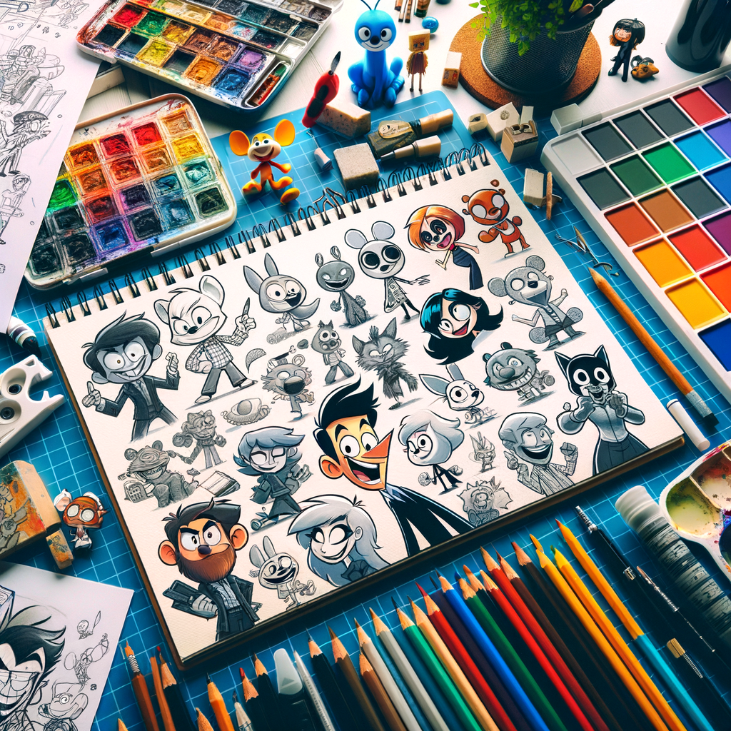 Professional cartoonist's workspace illustrating cartoon character design basics with sketches, tools, and palettes, emphasizing essential cartoon design techniques and principles.